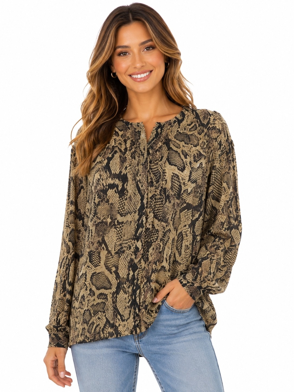 Snake-Print Long Sleeve Blouse in Taupe and Black